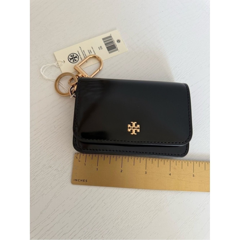 Tory Burch Emerson Smooth Flap Card Case Wallet 176972 Sleek Black Zip Key Hook - Picture 3 of 10